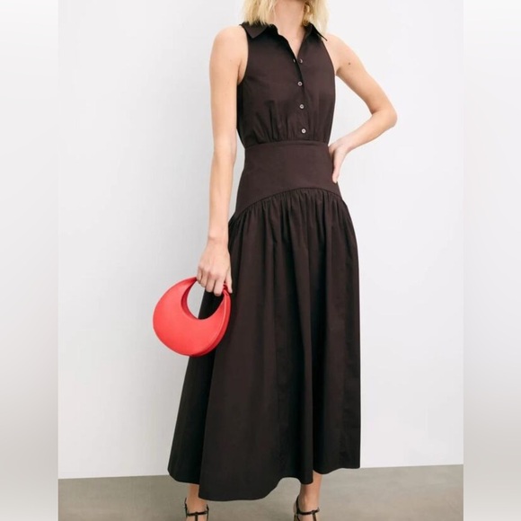 STAUD Dresses & Skirts - Staud Romy Midi Dress Earth Cafe Brown Sleeveless Collared Drop Waist Size 16